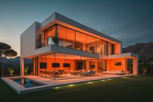 modern cozy house with pool and parking, luxurious style and beautiful landscaping on background. ai generative photo