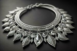Silver necklace on a solid color background in close-up. ai generative photo