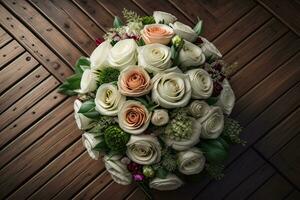 Beautiful bridal bouquet of different flowers on a dark background. ai generative photo