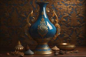 a vintage oriental vase on a solid color background. ai generative photo