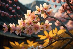 cherry blossom sakura flower on blue sky background, ai generative photo