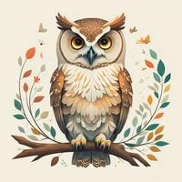 Owl sitting on a branch with leaves. Vector illustration in retro style. ai generative photo