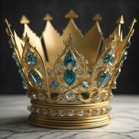 low key image of beautiful golden queen, king crown. ai generative photo