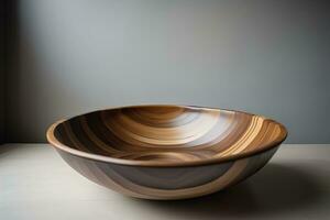 Empty wooden bowl on wooden background. Top view. Copy space. ai generative photo
