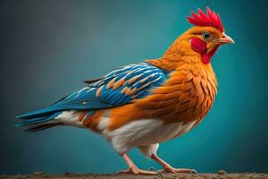 Colorful chicken on a solid color background, studio photo. ai generative photo