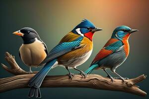 Vector illustration of a group of colorful birds sitting on a branch. ai generative photo