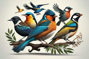 vector ilustración de un grupo de vistoso aves sentado en un rama. ai generativo foto