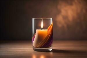 Burning aroma candle on wooden table against solid color background, copyspace. ai generative photo