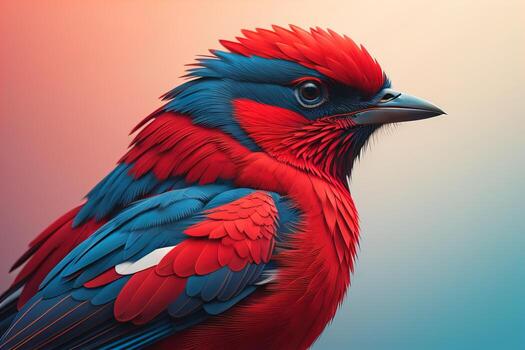 Beautiful blue bird on a branch in the rays of the setting sun. ai generative photo