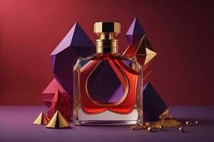 Creative and brandless Perfume bottle and flower on the wooden table, closeup. ai generative photo