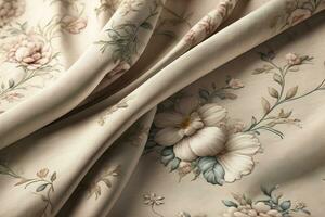 Crumpled beige fabric with floral pattern, closeup view. ai generative photo