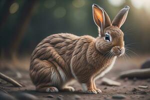 Rabbit in the mountains at sunset. Cute rabbit in the mountains. ai generative photo
