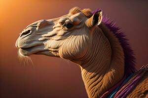 Camel head on solid color background, close up. Vintage style. ai generative photo