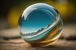 Transparent crystal ball on a wooden table. ai generative photo