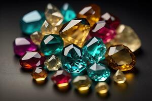 Colorful gemstones on black wooden table, close-up. ai generative photo
