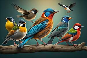 Vector illustration of a group of colorful birds sitting on a branch. ai generative photo