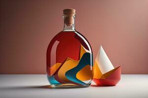 Bottle with a liquid on a solid color background. ai generative photo