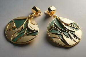 Earrings made of gold on a solid color background close up. ai generative photo