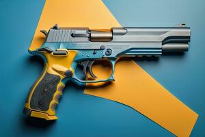 Semi-automatic handgun on a solid color background. Close-up. ai generative photo