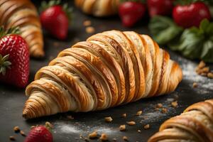 Freshly baked croissants on a wooden table, close up. ai generative photo