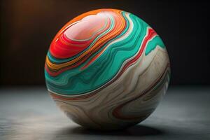 Colorful marble ball on a solid colour background. Close-up. ai generative photo