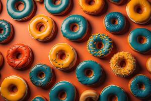 Variety of donuts on a solid color background. Top view. ai generative photo