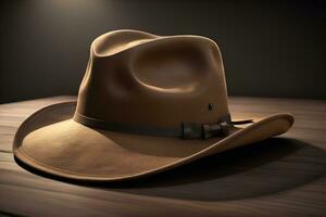 Cowboy hat on a wooden table. ai generative photo