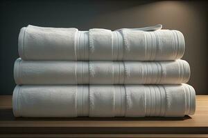 Towels on a wooden table in a bathroom. ai generative photo