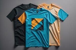Colorful t-shirts in front of dark background. ai generative photo