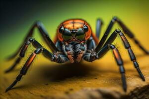 jumping spider closeup on solid color background, copyspace. ai generative photo