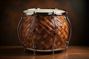 Drum on the wooden table, close-up, ai generative photo