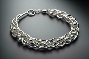Silver necklace on a solid color background in close-up. ai generative photo