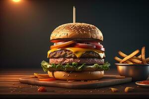 Big tasty hamburger on wooden table. ai generative photo