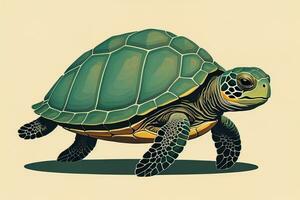 ilustración de un Tortuga en un verde antecedentes en dibujos animados estilo. ai generativo foto