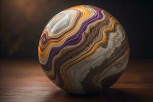 Colorful marble ball on a solid colour background. Close-up. ai generative photo