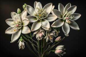 Beautiful white lilies on solid color background, closeup. Floral decor. ai generative photo