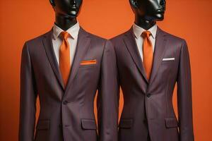 Stylish suits on mannequins on solid color background, closeup. ai generative photo