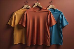 Colorful t-shirts in front of dark background. ai generative photo