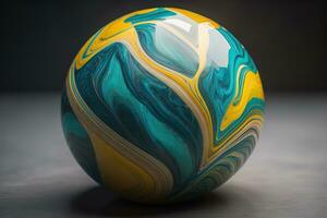 Colorful marble ball on a solid colour background. Close-up. ai generative photo