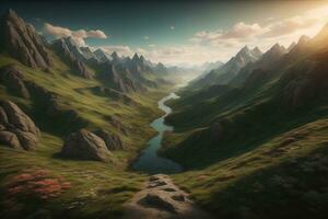 Beautiful fantasy landscape with a river in the mountains. ai generative photo