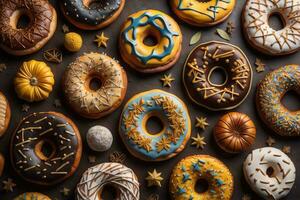 Variety of donuts on a solid color background. Top view. ai generative photo