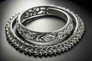 Silver necklace on a solid color background in close-up. ai generative photo