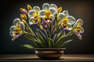 Bouquet of crocus and tulips on solid color background. ai generative photo