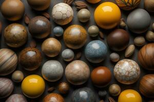 Colorful Variety of marbles as a background, top view, close up. ai generative photo