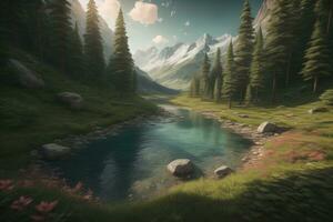 Beautiful fantasy landscape with a river in the mountains. ai generative photo