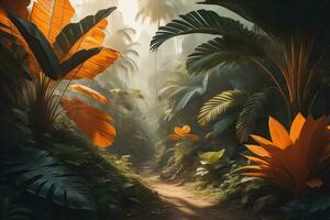 A pathway in tropical rainforest with palm trees and path in the mist. ai generative photo