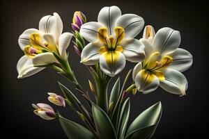 ramo de flores de azafrán y tulipanes en sólido color antecedentes. ai generativo foto