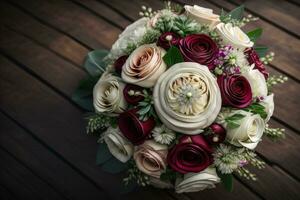 Beautiful bridal bouquet of different flowers on a dark background. ai generative photo