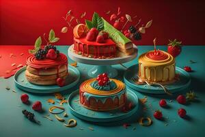 Homemade cakes on a solid colors background, top view. ai generative photo