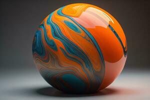 Colorful marble ball on a solid colour background. Close-up. ai generative photo